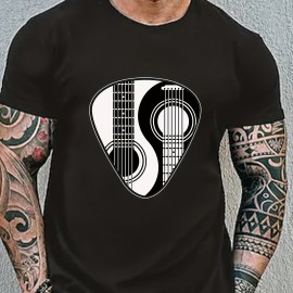 Guitar Lover Yin Yang Guitar Pattern Print Men's Comfy Slightly Stretch T-shirt, Graphic Tee Men's Summer Clothes, Men's Casual Outfits For Sports Fitness