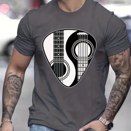 Guitar Lover Yin Yang Guitar Pattern Print Men's Comfy Slightly Stretch T-shirt, Graphic Tee Men's Summer Clothes, Men's Casual Outfits For Sports Fitness