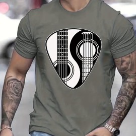 Guitar Lover Yin Yang Guitar Pattern Print Men's Comfy Slightly Stretch T-shirt, Graphic Tee Men's Summer Clothes, Men's Casual Outfits For Sports Fitness