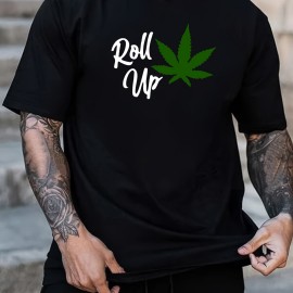 Tees For Men, 'Roll Up' Leaf Print T Shirt, Casual Short Sleeve Tshirt For Summer Spring Fall, Tops As Gifts