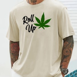 Tees For Men, 'Roll Up' Leaf Print T Shirt, Casual Short Sleeve Tshirt For Summer Spring Fall, Tops As Gifts