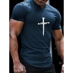 Christian Cross Pattern Print Men's Comfy V-Neck T-shirt, Graphic Tee Men's Summer Clothes, Men's Outfits