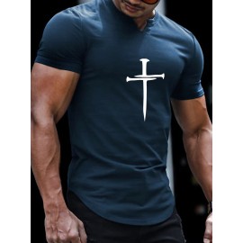 Christian Cross Pattern Print Men's Comfy V-Neck T-shirt, Graphic Tee Men's Summer Clothes, Men's Outfits