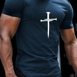 Christian Cross Pattern Print Men's Comfy V-Neck T-shirt, Graphic Tee Men's Summer Clothes, Men's Outfits