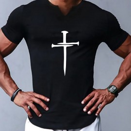 Christian Cross Pattern Print Men's Comfy V-Neck T-shirt, Graphic Tee Men's Summer Clothes, Men's Outfits