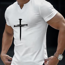 Christian Cross Pattern Print Men's Comfy V-Neck T-shirt, Graphic Tee Men's Summer Clothes, Men's Outfits