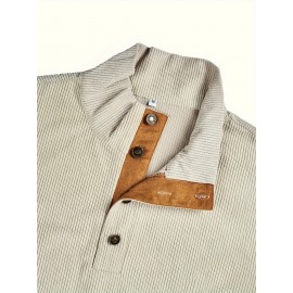 Corduroy Comfy Men's Retro Ribbed Long Sleeve Color Block Half Button Up Shirt With Stand Collar, Fall Winter Outdoor