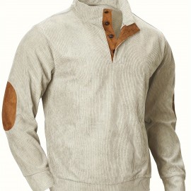 Corduroy Comfy Men's Retro Ribbed Long Sleeve Color Block Half Button Up Shirt With Stand Collar, Fall Winter Outdoor