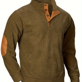 Corduroy Comfy Men's Retro Ribbed Long Sleeve Color Block Half Button Up Shirt With Stand Collar, Fall Winter Outdoor