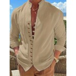 Vintage Men's Casual Loose Long Sleeve Shirt With Stand Collar, Spring Fall Outdoor