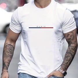 PARIS Letter And Stripe Graphic Print Men's Creative Top, Casual Short Sleeve Crew Neck T-shirt, Men's Clothing For Summer Outdoor