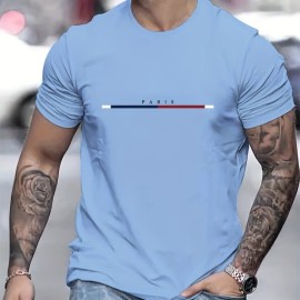 PARIS Letter And Stripe Graphic Print Men's Creative Top, Casual Short Sleeve Crew Neck T-shirt, Men's Clothing For Summer Outdoor