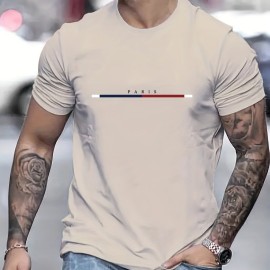 PARIS Letter And Stripe Graphic Print Men's Creative Top, Casual Short Sleeve Crew Neck T-shirt, Men's Clothing For Summer Outdoor