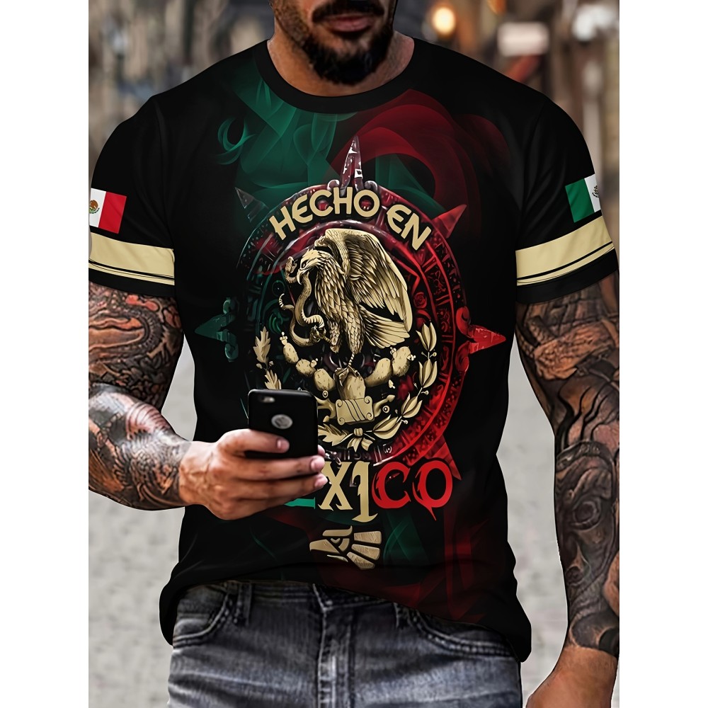 Retro Mexico Pattern Print, Men's Graphic Design Crew Neck Novel T-shirt, Casual Comfy Tees Tshirts For Summer, Men's Clothing Tops For Daily Vacation Resorts