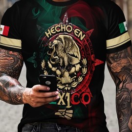 Retro Mexico Pattern Print, Men's Graphic Design Crew Neck Novel T-shirt, Casual Comfy Tees Tshirts For Summer, Men's Clothing Tops For Daily Vacation Resorts