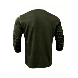 Retro Henley Shirt, Men's Casual V-Neck Pullover Long Sleeve Tshirts For Spring Fall, Men's Clothing