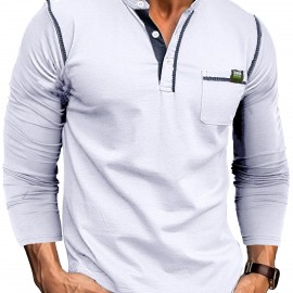 Retro Henley Shirt, Men's Casual V-Neck Pullover Long Sleeve Tshirts For Spring Fall, Men's Clothing