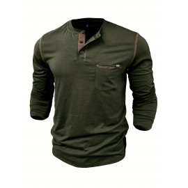 Retro Henley Shirt, Men's Casual V-Neck Pullover Long Sleeve Tshirts For Spring Fall, Men's Clothing