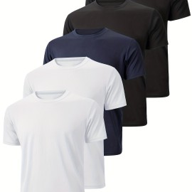 5 Pcs, Men's Sweat Absorbent Crew Neck Basic T-shirt For Running, Fitness