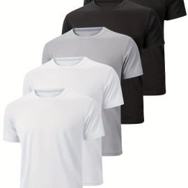 5 Pcs, Men's Sweat Absorbent Crew Neck Basic T-shirt For Running, Fitness