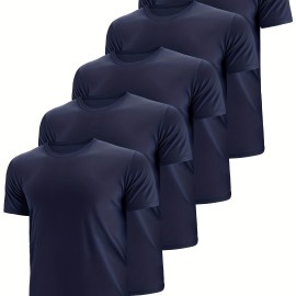 5 Pcs, Men's Sweat Absorbent Crew Neck Basic T-shirt For Running, Fitness