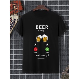 Funny Beer Is Calling Print, Men's Graphic Design Crew Neck Active T-shirt, Casual Comfy Tees Tshirts For Summer, Men's Clothing Tops For Daily Gym Workout Running