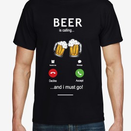 Funny Beer Is Calling Print, Men's Graphic Design Crew Neck Active T-shirt, Casual Comfy Tees Tshirts For Summer, Men's Clothing Tops For Daily Gym Workout Running