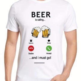 Funny Beer Is Calling Print, Men's Graphic Design Crew Neck Active T-shirt, Casual Comfy Tees Tshirts For Summer, Men's Clothing Tops For Daily Gym Workout Running