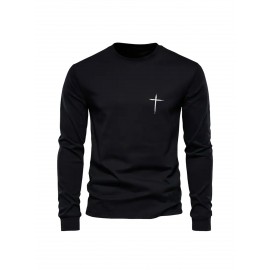 Simple Cross Print Men's Trendy Long Sleeve Crew Neck T-shirt, Spring Fall