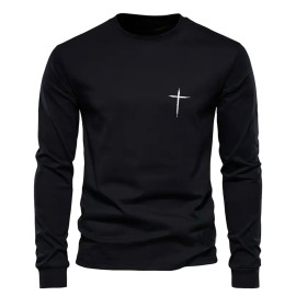 Simple Cross Print Men's Trendy Long Sleeve Crew Neck T-shirt, Spring Fall