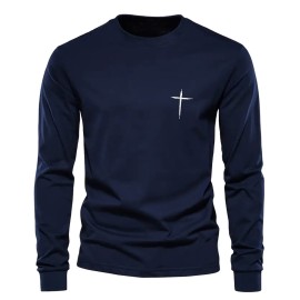 Simple Cross Print Men's Trendy Long Sleeve Crew Neck T-shirt, Spring Fall