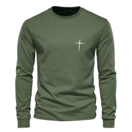 Simple Cross Print Men's Trendy Long Sleeve Crew Neck T-shirt, Spring Fall