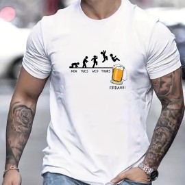 Jumping In Beer Print T-shirt, Men's Casual Street Style Stretch Round Neck Tee Shirt For Summer