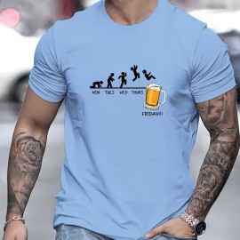 Jumping In Beer Print T-shirt, Men's Casual Street Style Stretch Round Neck Tee Shirt For Summer