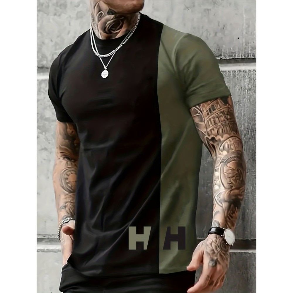 Color Block Print T Shirt, Tees For Men, Casual Short Sleeve Tshirt For Summer Spring Fall, Tops As Gifts