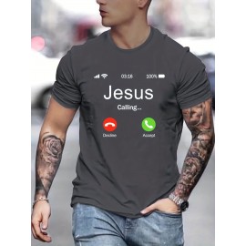 Jesus Calling Pattern Print Men's Comfy T-shirt, Graphic Tee Men's Summer Outdoor Clothes, Men's Clothing, Tops For Men