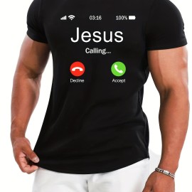 Jesus Calling Pattern Print Men's Comfy T-shirt, Graphic Tee Men's Summer Outdoor Clothes, Men's Clothing, Tops For Men