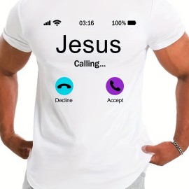 Jesus Calling Pattern Print Men's Comfy T-shirt, Graphic Tee Men's Summer Outdoor Clothes, Men's Clothing, Tops For Men