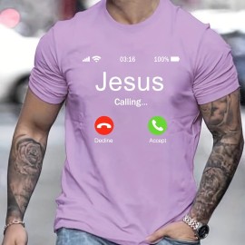 Jesus Calling Pattern Print Men's Comfy T-shirt, Graphic Tee Men's Summer Outdoor Clothes, Men's Clothing, Tops For Men