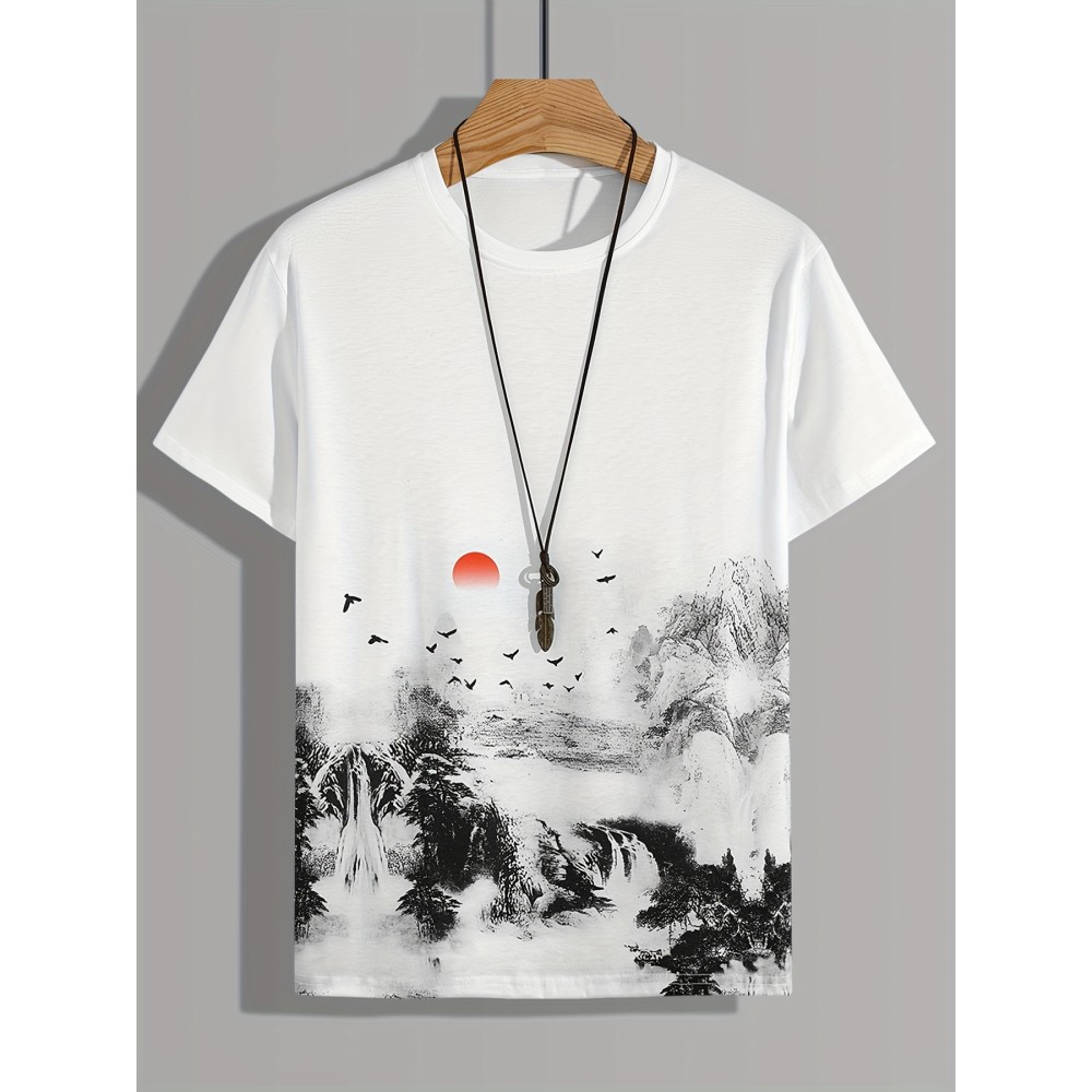 Men's Landscape Print T-Shirt - Casual and Comfortable Summer Tee