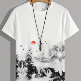 Men's Landscape Print T-Shirt - Casual and Comfortable Summer Tee