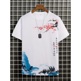 Men's Ink Landscape Print Trendy T-shirt, Crew Neck Short Sleeve Tops, Graphic Tee Men's Clothes Summer, Men's Outfits