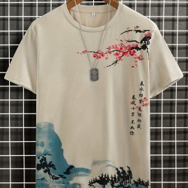 Men's Ink Landscape Print Trendy T-shirt, Crew Neck Short Sleeve Tops, Graphic Tee Men's Clothes Summer, Men's Outfits