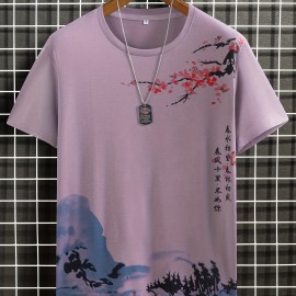 Men's Ink Landscape Print Trendy T-shirt, Crew Neck Short Sleeve Tops, Graphic Tee Men's Clothes Summer, Men's Outfits