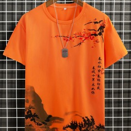 Men's Ink Landscape Print Trendy T-shirt, Crew Neck Short Sleeve Tops, Graphic Tee Men's Clothes Summer, Men's Outfits