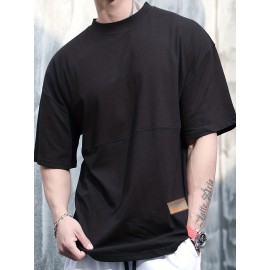 Men's Solid Creative Loose Top, Casual Slightly Stretch Short Sleeve Crew Neck Running Fitness Sports T-shirt, Men's Clothes For Summer Outdoor