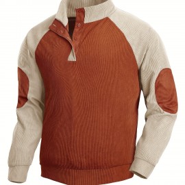 Ribbed Men's Retro Color Block Long Sleeve Stand Collar Henley Shirt, Spring Fall