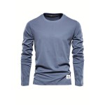 Casual Comfy Men's Solid Crew Neck Long Sleeve Cotton T-shirt, Spring Fall, Outdoor Indoor