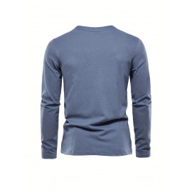 Casual Comfy Men's Solid Crew Neck Long Sleeve Cotton T-shirt, Spring Fall, Outdoor Indoor