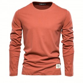 Casual Comfy Men's Solid Crew Neck Long Sleeve Cotton T-shirt, Spring Fall, Outdoor Indoor